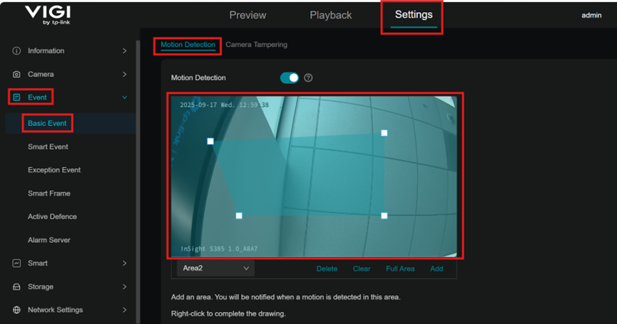 Screenshot of Camera’s Web Interface Detection Zones. 