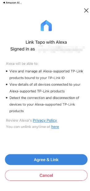 Alexa app screenshot-Tap Agree & Link.