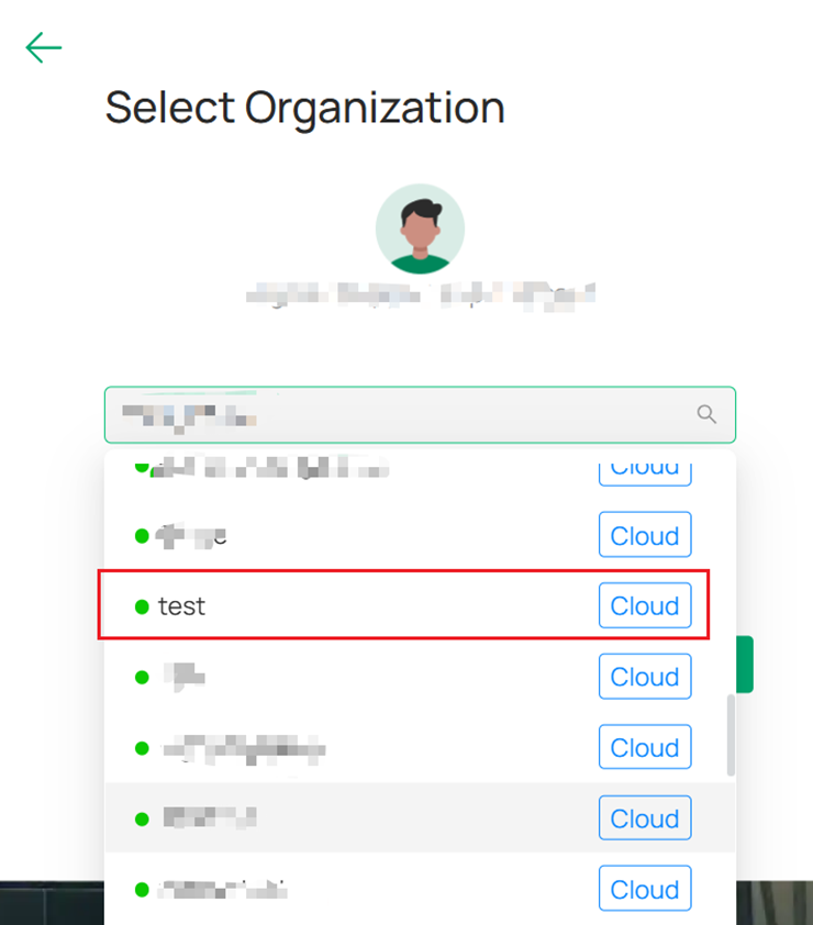 Organization Selection page.
