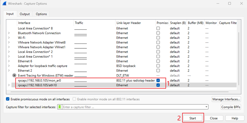 Successfully add remote interfaces of rpcap://IP address/mon x and rpcap://IP address/ath x.