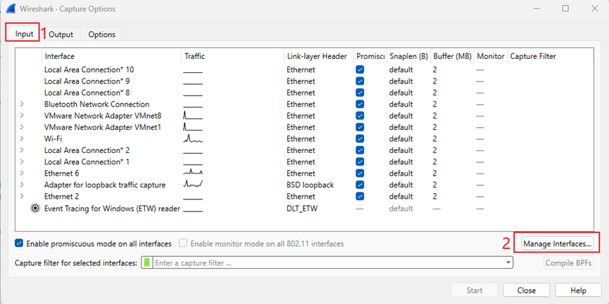 Pop up the Capture Options page. Go to Input > Manage Interfaces.
