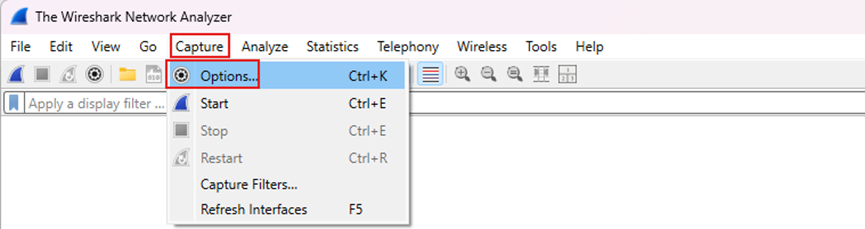 Go to Capture > Options on Wireshark software.