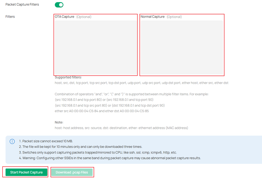 Configure the parameters for packet capture filters.