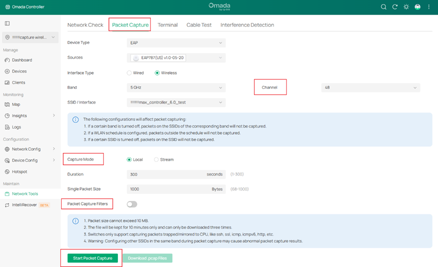 Configure the parameters for wireless packet capture for local mode.