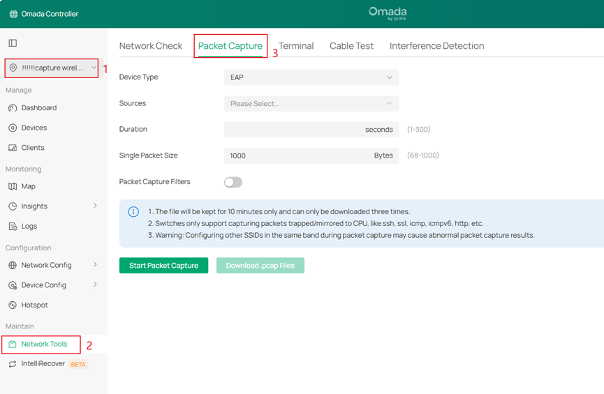 The first entry points that can navigate to the packet capture, go to Site > Network Tools > Packet Capture.