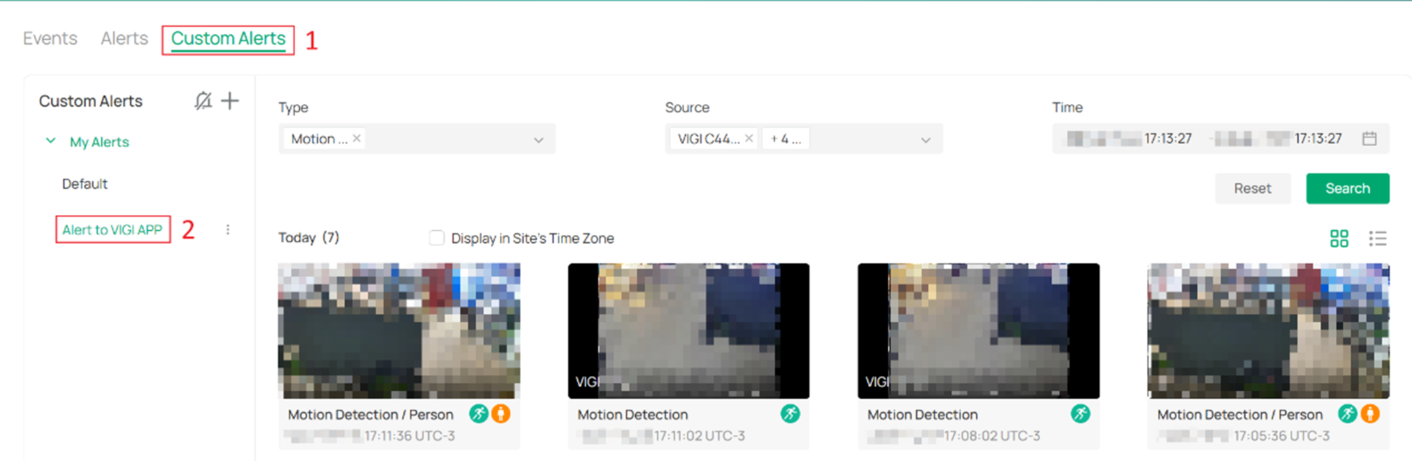 Alt text: viewing notifications from the Custom Alerts rule Alert to VIGI App.