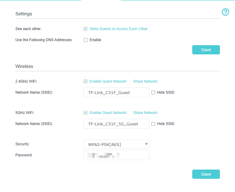 A sample of guest network wireless settings on the web interface.