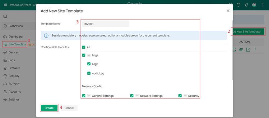 Creating Site Template "mytest" and enabling all Configurable Modules.