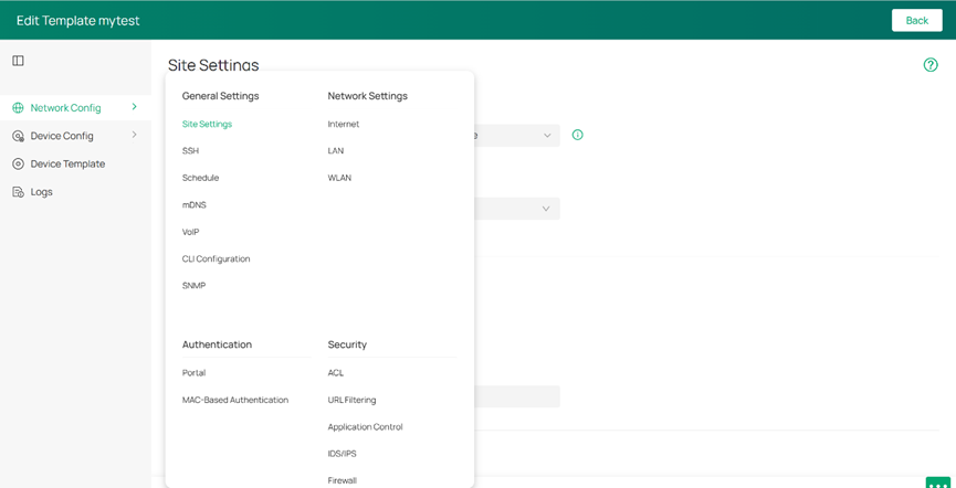 Configuring Network Config, Device Config, and Logs as needed.