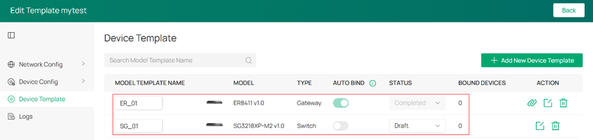 Viewing the status information of all Device Template entries.