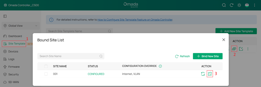 Unbinding Site Template "mytest" from Site 001.