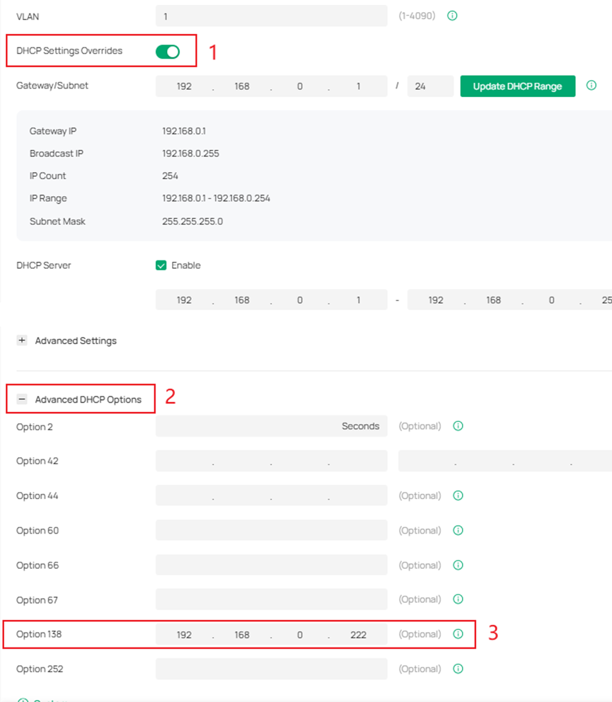 Details of setting DHCP options.