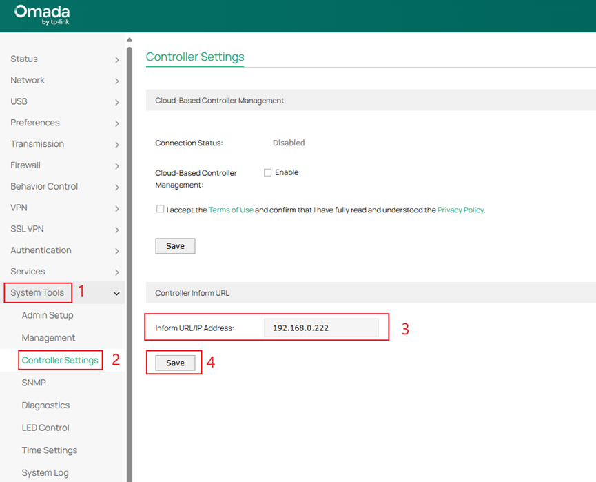 Show path of Inform URL settings on Omada gateways.
