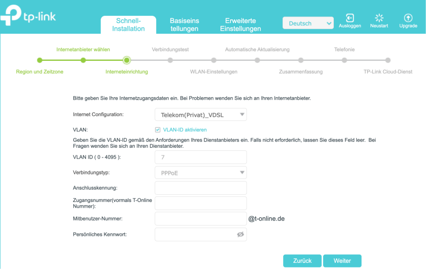 Telekom-Konfigurationsparameter.