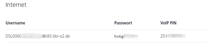 Beispiel für o2-Internetparameter
