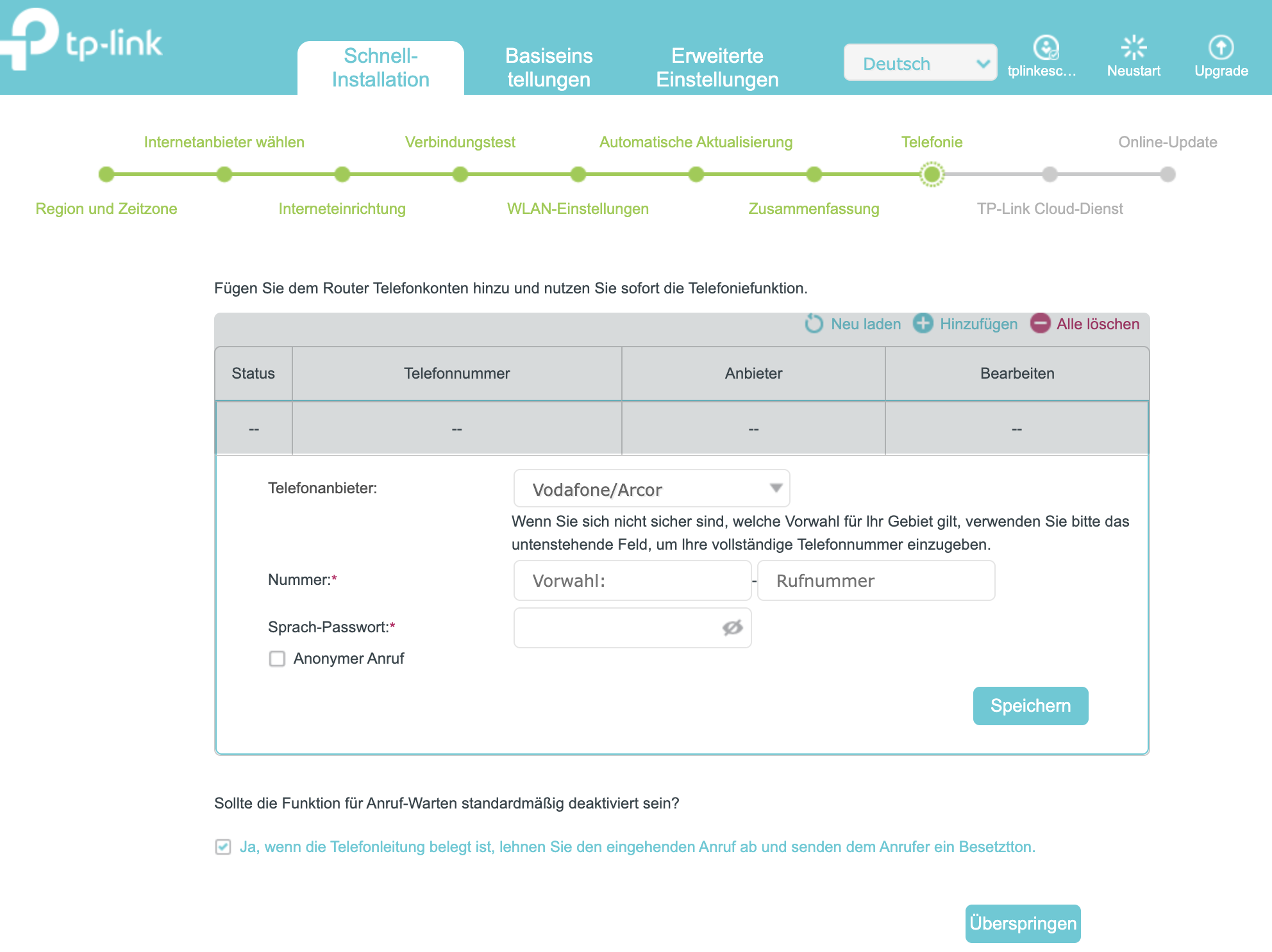 vodafone Telefoniekonfiguration