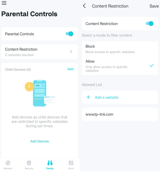 Parental Controls configuration page with toggle switches for Block Mode and Allow Mode.