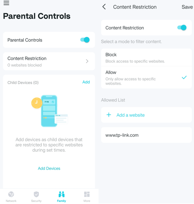 Parental Controls configuration page with toggle switches for Block Mode and Allow Mode.