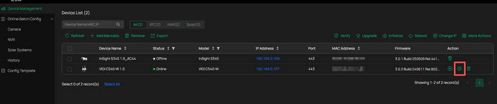 Devices list on VIGI Config Tool.
