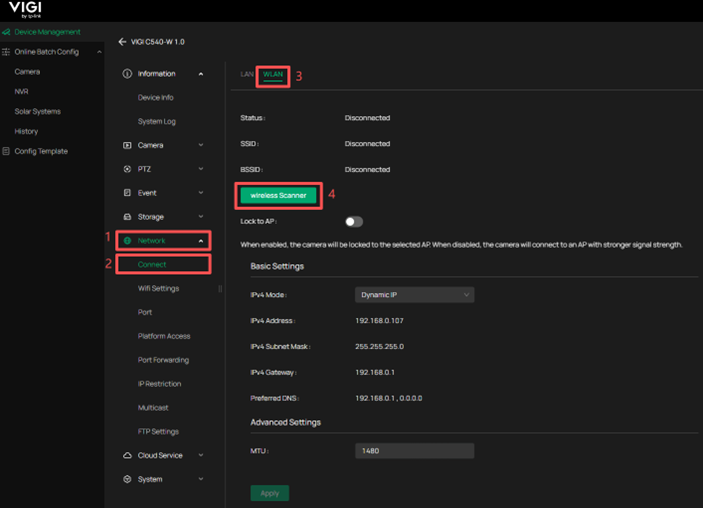 Location of the Wireless Scanner on the VIGI Config Tool.