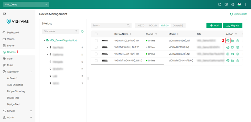 Editing the configuration of the NVR from the devices page. 