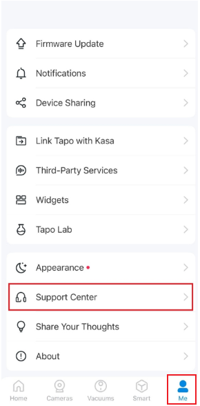 Tap Me button located in the bottom right corner, then tap support center.