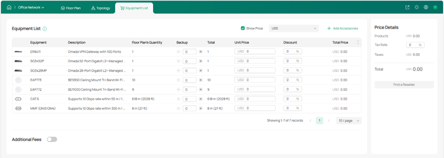 Screenshot of Omada Design Hub Check Equipment List and Fees.