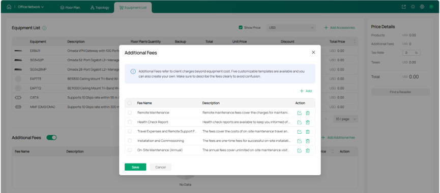 Screenshot of Omada Design Hub Add Additional Fees.