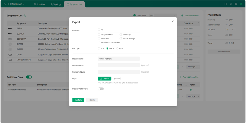 Screenshot of Omada Design Hub Export Design Network.