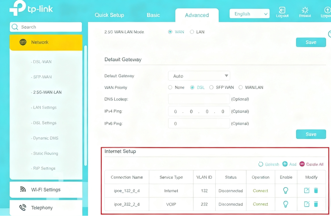 “Internet Setup” page.
