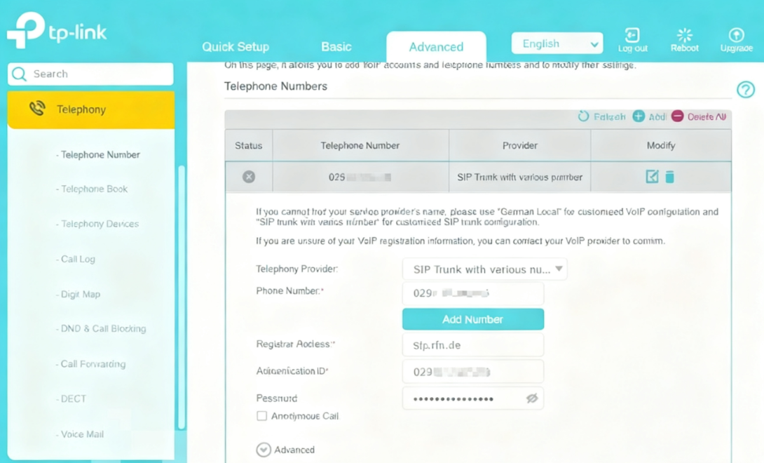 Telephone Numbers Configuration.