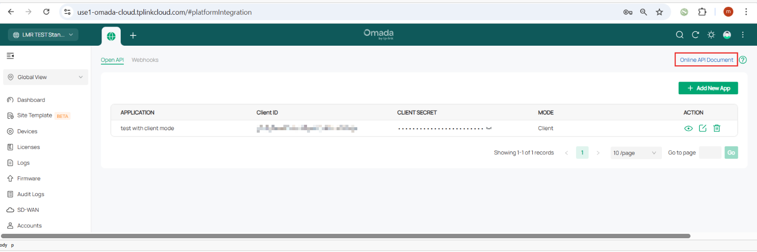 Online API Document entry at the top right of the Open API page