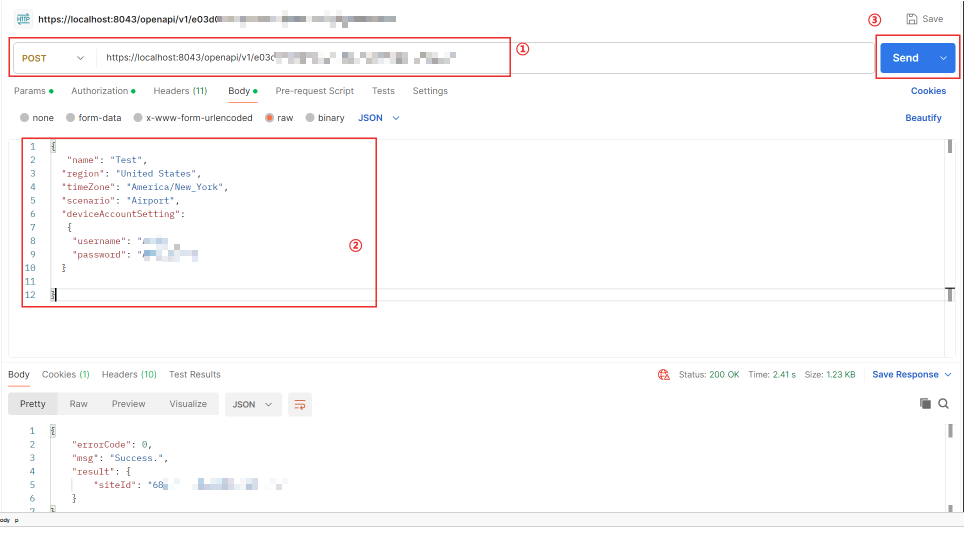 Parameters required by the Create new site API in the document.