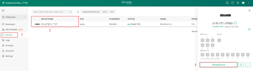 Click on Devices, choose the OLT and click on Manage Device.