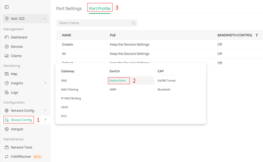 Locate the Switch Ports option in the site view.