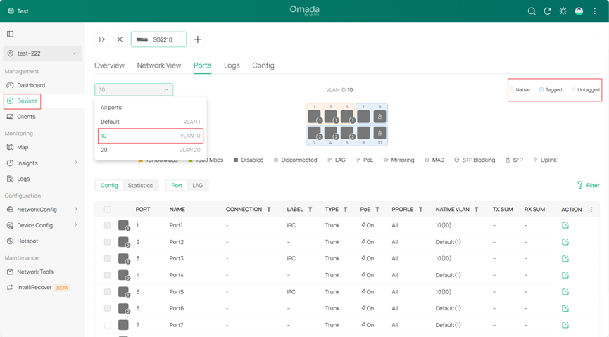 The Ports view in the switch details page.