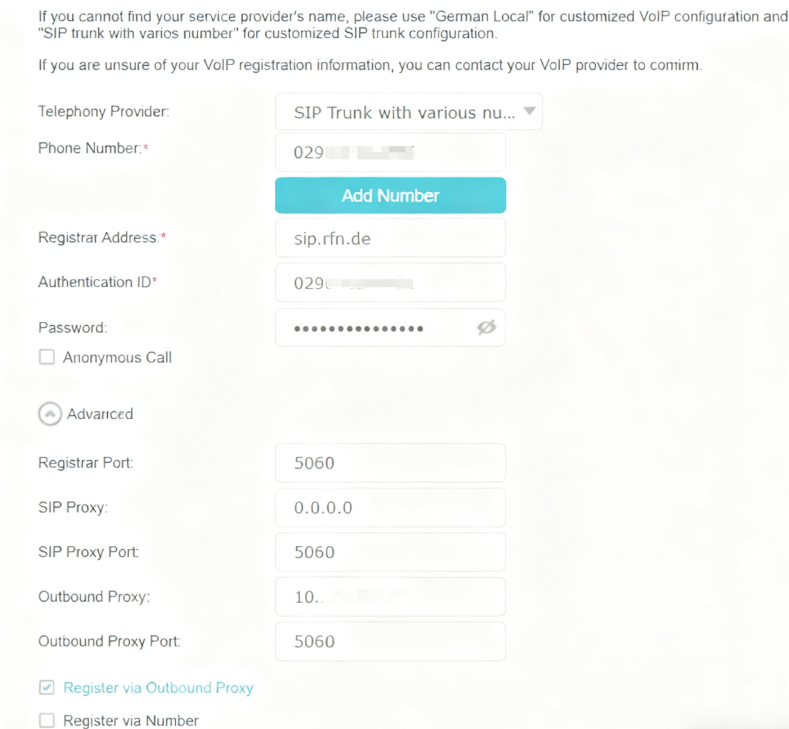 Telephone Numbers Advanced Configuration.