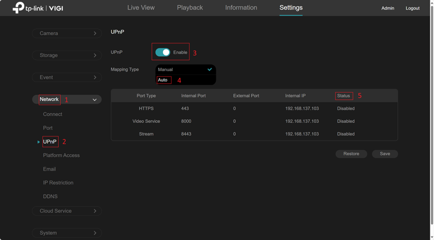 Configure UPnP settings in the NVR.