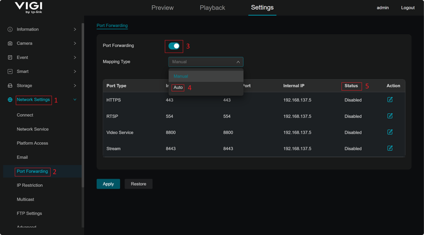 Configure Port Forwarding settings in the IPC.