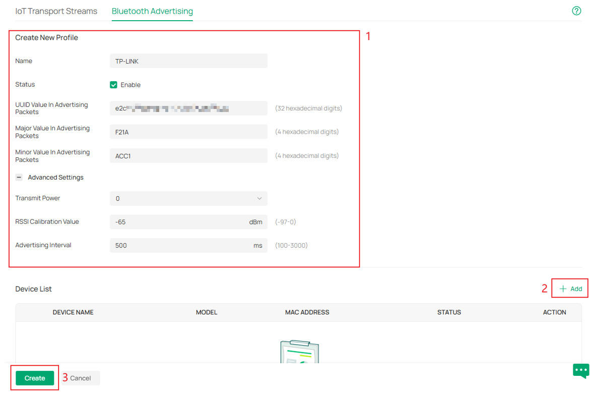 Click Create New Profile, and configure the iBeacon frame-related parameters.
