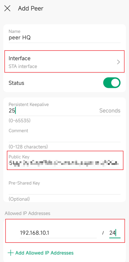 Showcase peer configuration in STA site.