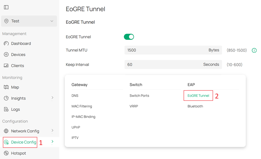 User interface where you can configure EoGRE on EAPs.