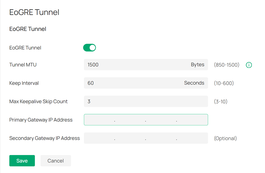 Configurable Parameters in the GRE Configuration Interface.
