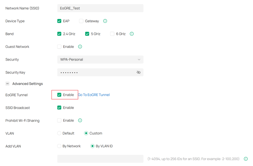 User interface of the SSID settings.