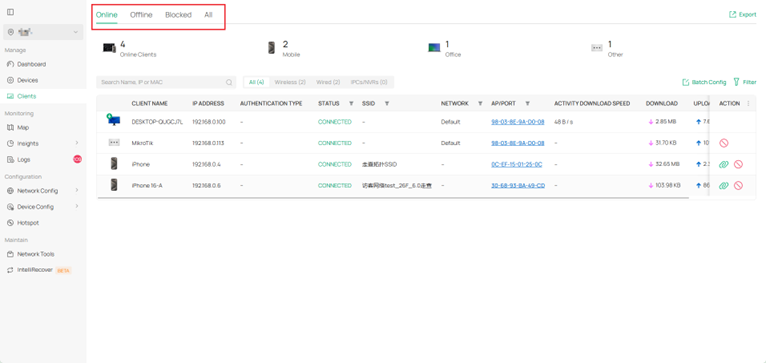 New client page with new filter tabs.