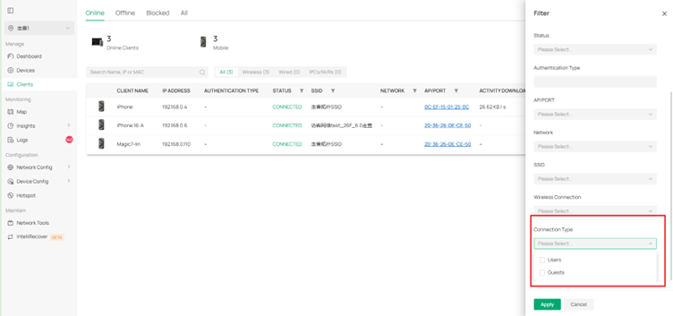 Connection Type filter in Client page.