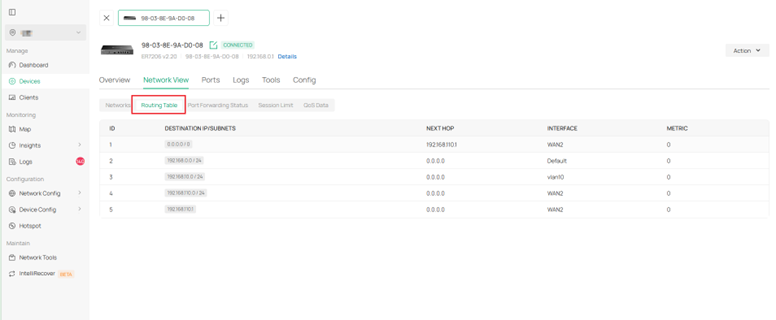 Routing Table in gateway details > Network View.