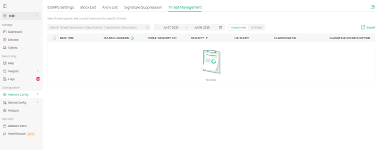 Threat Management page in Network Config.