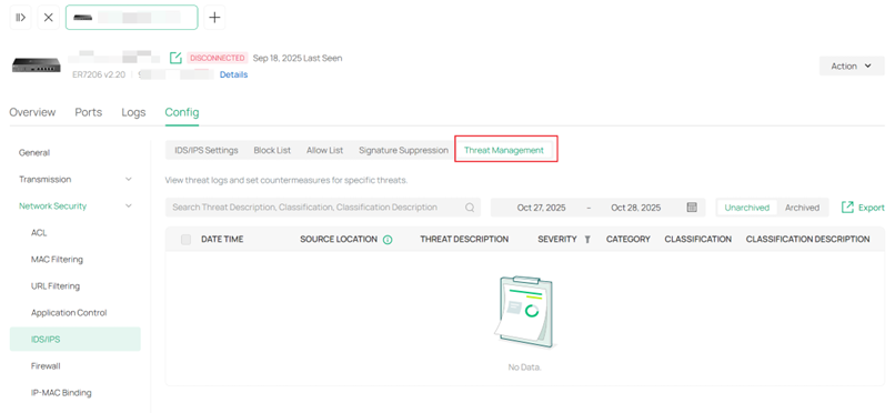 Threat Management page in Gateway Detail page.