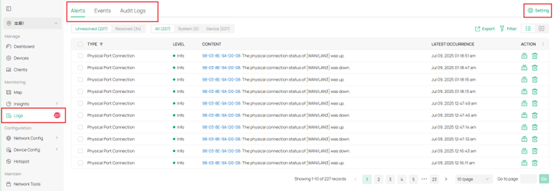 Logs page with tabs at the top.